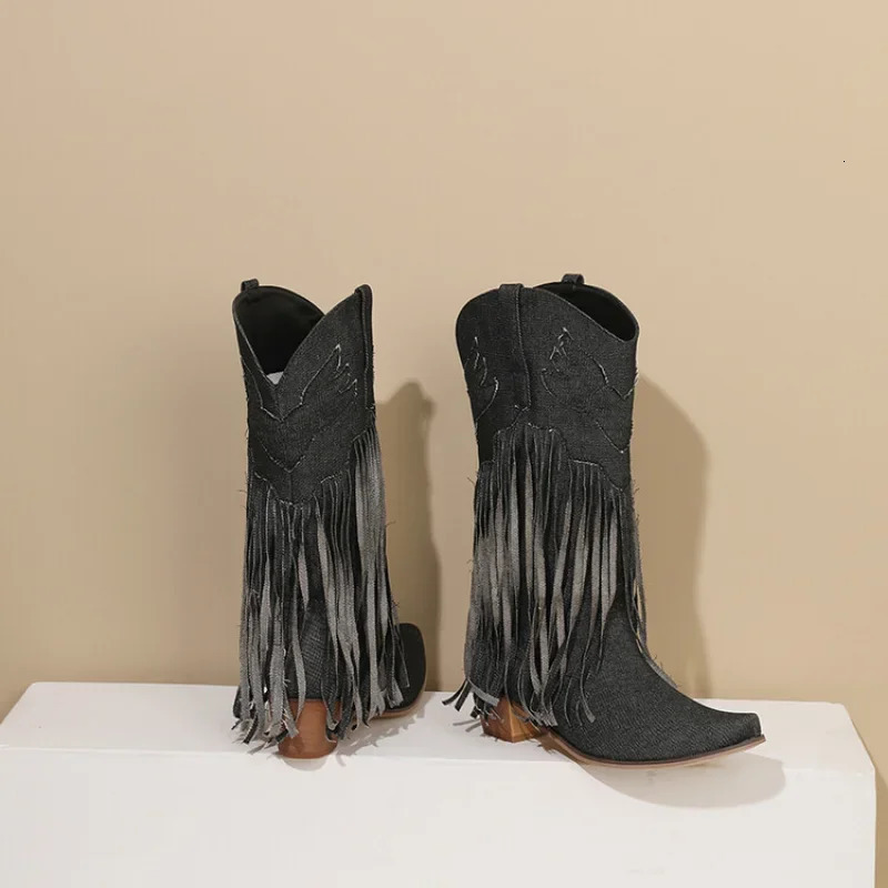 LeShion Of Chanmeb Big Size 45 Women Blue Denim Jean Cowboy Boots Mid-calf Tassel Block Heels Western Boot Cowgirl Fringed Shoes 250729