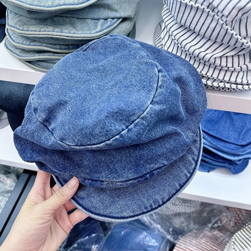 Retro Simple Big Head Short Brim Denim Berets Woman Face Small Fashion Spring Autumn Summer Octagonal Cloud Painter Hat 250729