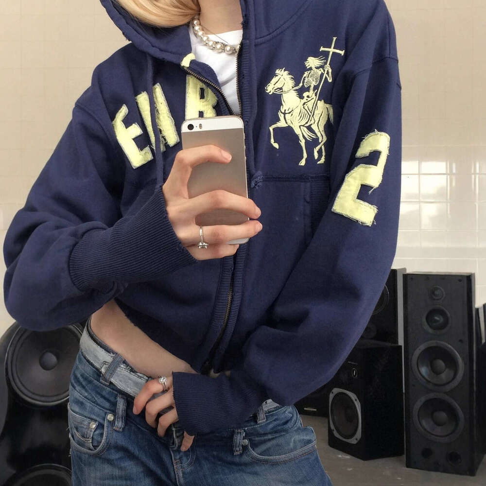 New Ins Style Loose Zipper Cardigan Trendy Fashion Personality Knight Letter 3D Print Pocket Hooded Sweatshirt