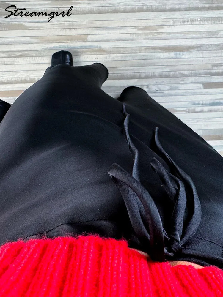 Long Black Satin Skirts Women For Work Summer Autumn Straight Brown Skirt Belt Coffee Formal Silk Maxi Ladies 250730