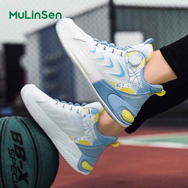 Mulinsen men's shoes rotating button summer mesh breathable running shoes youth shock absorption air cushion basketball sports shoes