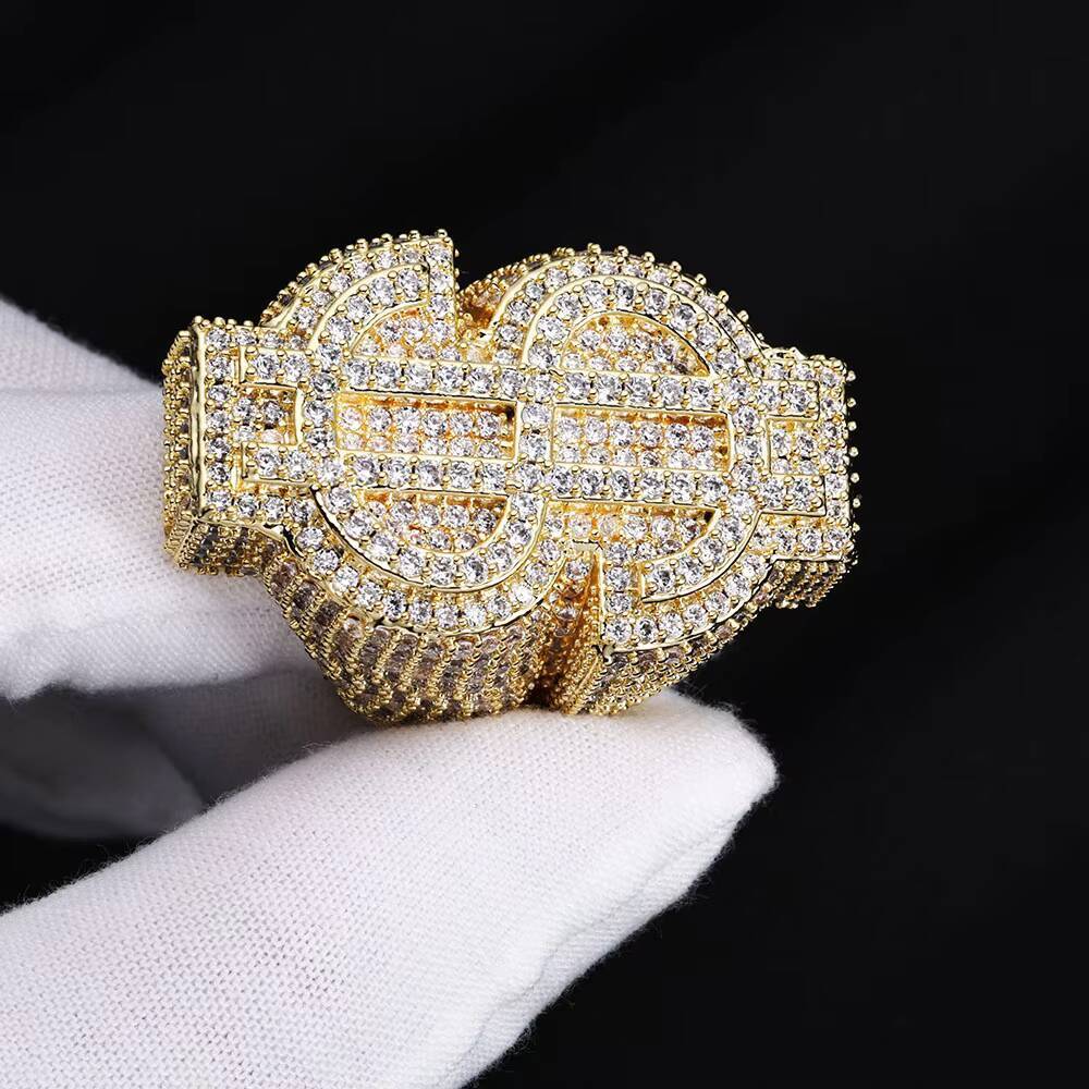 NUOYA Womens Trendy Fine Silver Plated Dollar Sign Ring Full Pave Iced Out Diamond Ring Hip Hop Party Jewelry