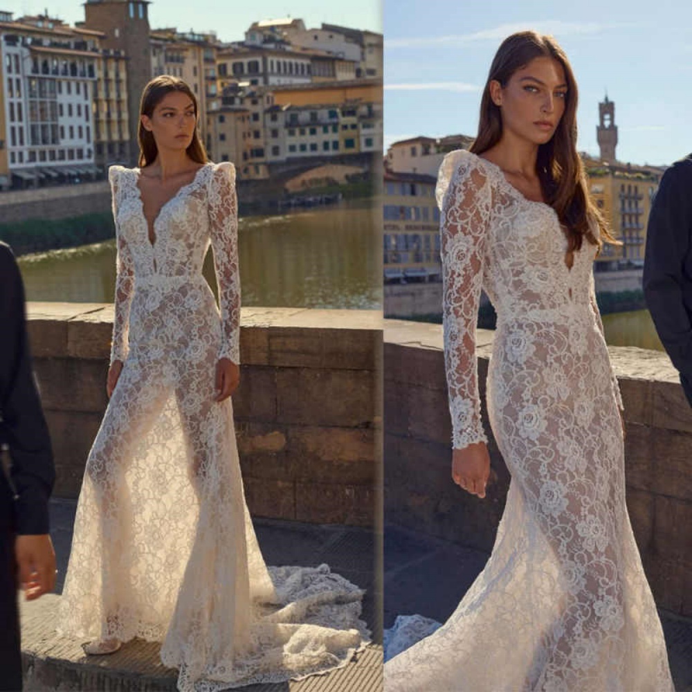 Illusion Lace Mermaid Wedding Dresses V Neck Long Sleeve Bridal GownsSee Through Backless Customized Bride Dress