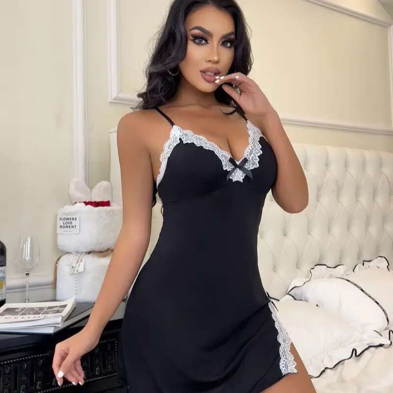 Black lace patchwork camisole nightgown sexy deep V-slit sleepwear skin friendly Modal home temptation short skirt