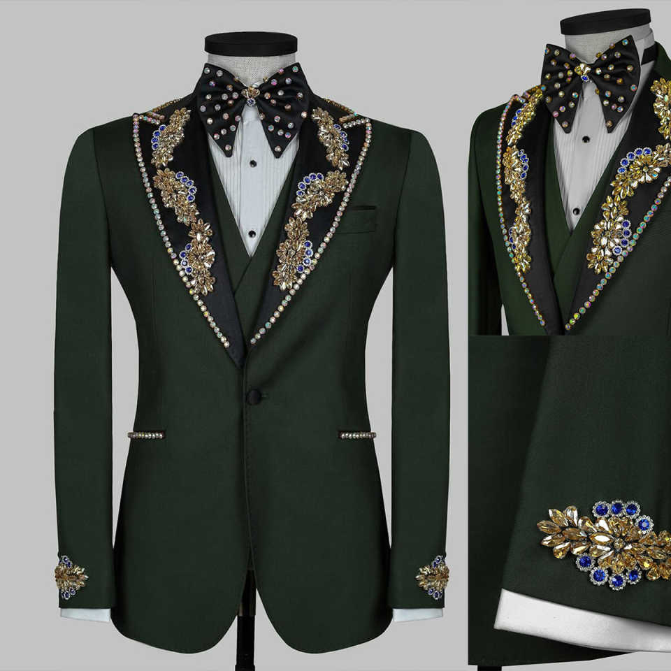 Luxurious Men Suits 2 Piecs Blazers Pants Single Breasted Beads Diamond For Wedding Groom Tuxedos Customized