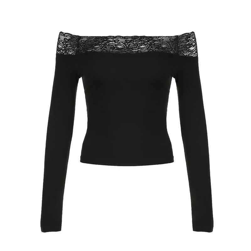 BIIKPIIK Black Lace Patchwork Long Sleeve Tshirts Women Casual Sexy Slash Neck Slim Fit Tops Concise Allmatch Lady Tees Autumn 250729