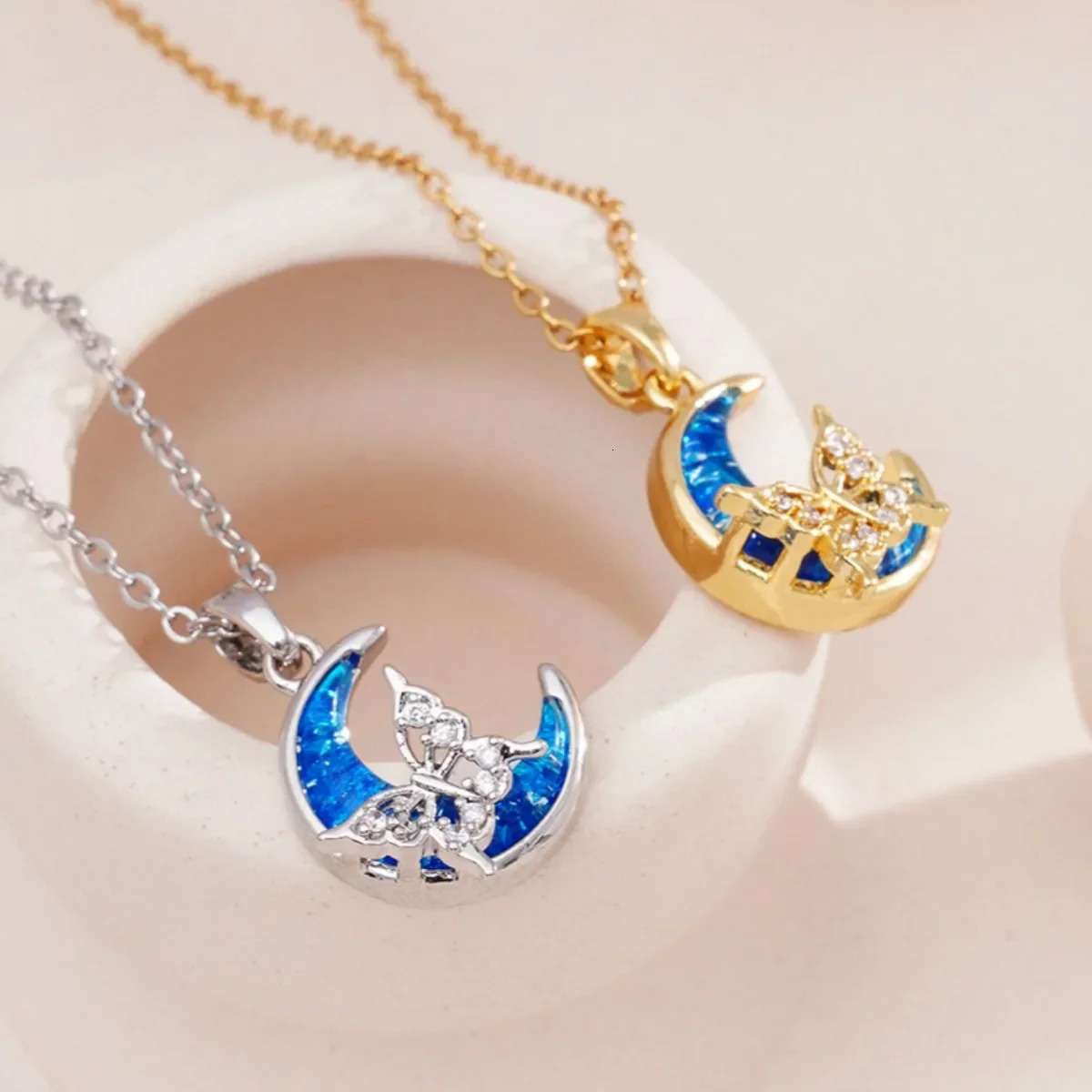 Stainless Steel Chain Romantic Colorful Resin Moon Zircon Butterfly Pendant Necklaces for Women Girls Trendy Accessories Gifts 250729