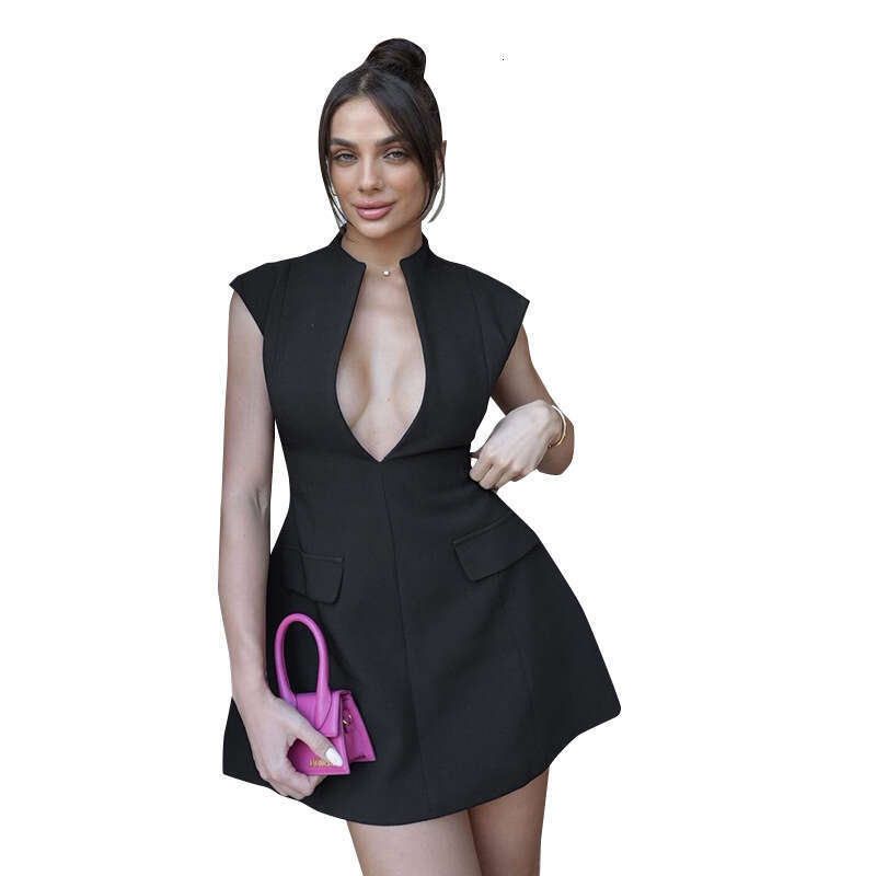 Yds671 Women's Autumn Winter Deep V-Neck Small Flutter Sleeve Pullover Fake Pocket Waist-Cinching Pleated Dress B5