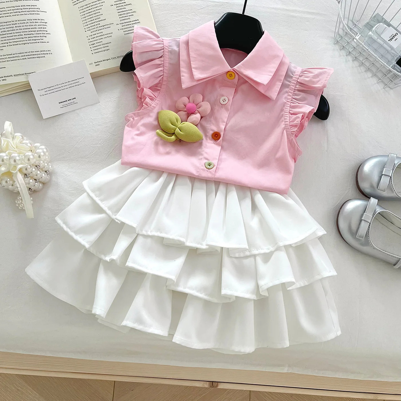 Summer Kid Girl 2PCS Clothes Set Cotton 3D Flower Fly Sleeve Polo Shirt Suits Loose Cake Princess Skirts Outfit Infant Girl Suit 250729