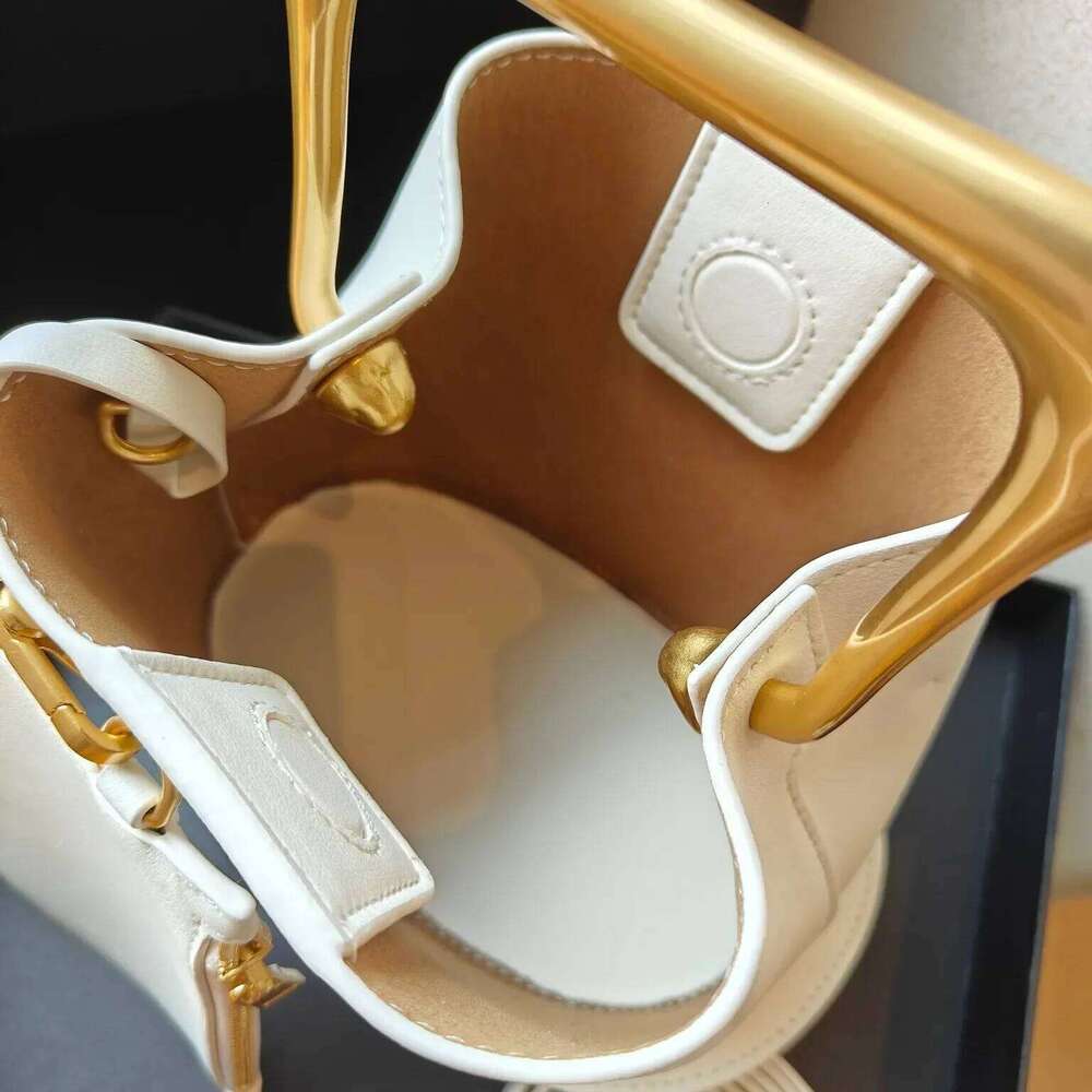 New Stylish High-end Bucket Tote Beige Color Plain Satin Cow Leather Women Handbag Metal Handle Female Crossbody Bag Small