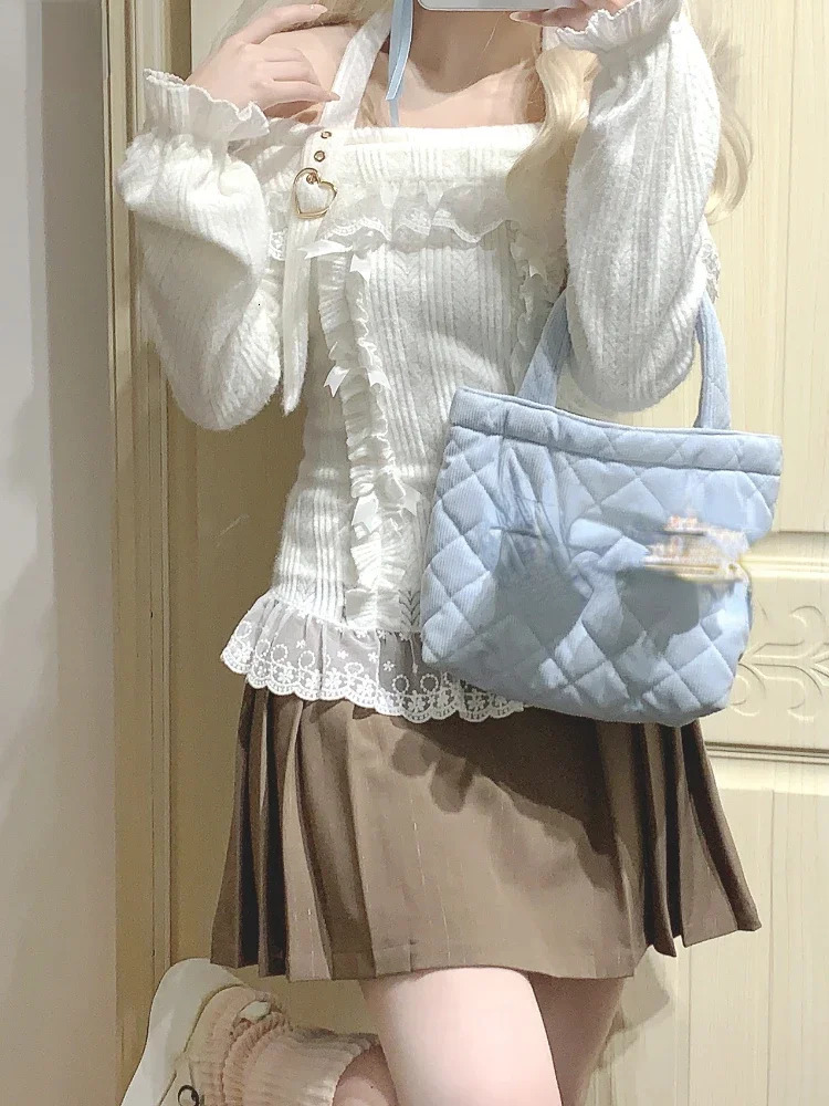 Lolita Off Shoulder Halter Sweater Women Kawaii Lace Patchwork Y2k Aesthetic Japanese Bottoming Crop Tops Pullover Knitwear 250723