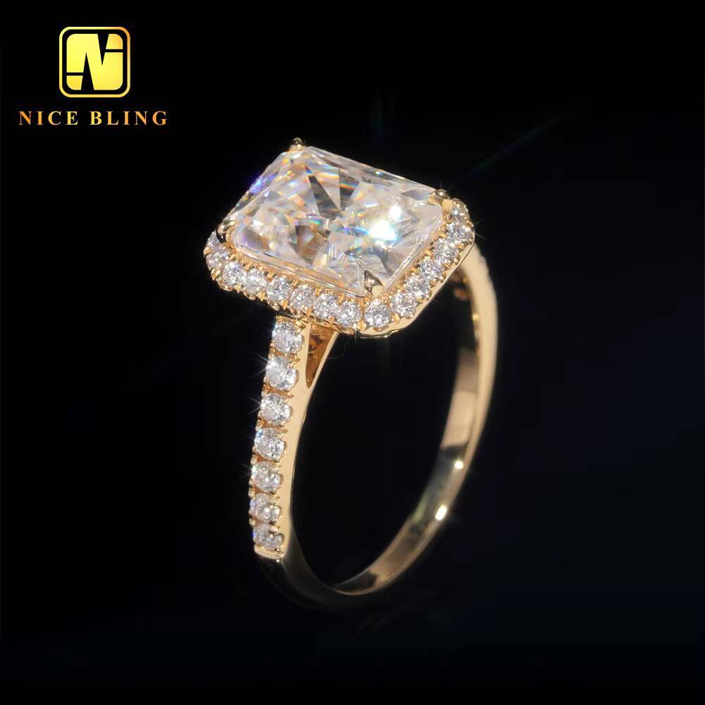 14K Solid Yellow Gold Diamonds Cluster Radiant Cut Design VVS Moissanite Diamond Engagement Wedding Ring