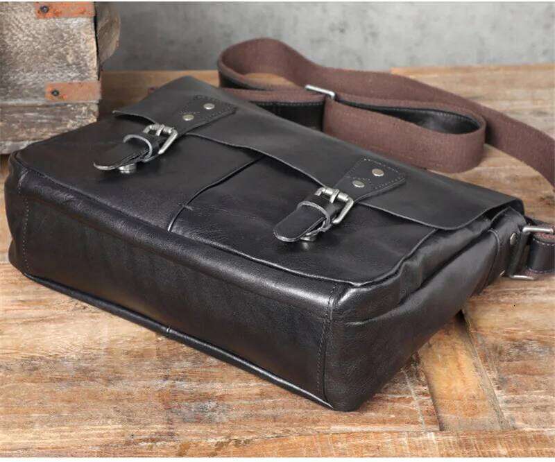OLOEY Casual natural genuine leather men's messenger daily travel work real cowhide black tablets A4 document shoulder bag