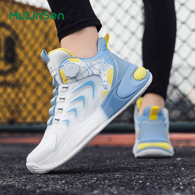 Mulinsen men's shoes rotating button summer mesh breathable running shoes youth shock absorption air cushion basketball sports shoes