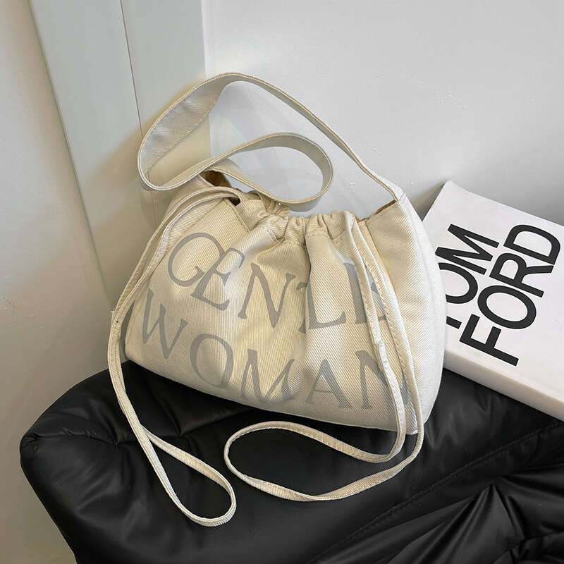 Denim Canvas Women's 2024 New Student Design Sense Drawstring Tote Large Capacity Shoulder Bag