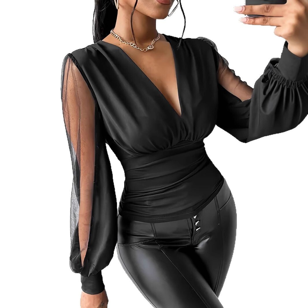 F2063 Summer Womens V-neck Solid Color Elegant Mesh Patchwork Waist-cinching Top