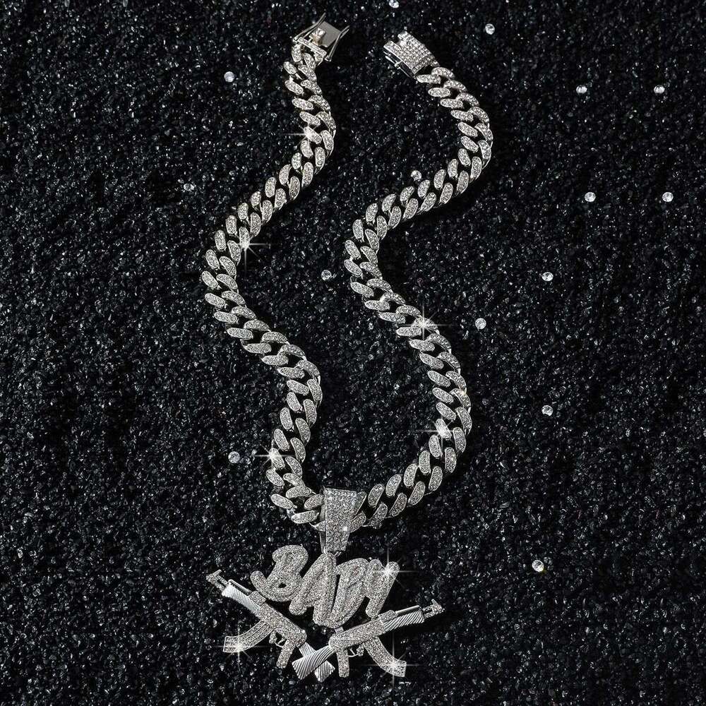 Full Dia Double Gun Letter Pendant Fashion Creative Hip Hop Personality Alloy Cuban Chain Jewelry Necklace Direct
