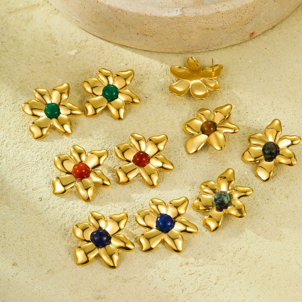 Hot-Selling Style Hexagonal Lace Titanium Steel Earrings with Cat's Eye Stone Niche Exquisite Exaggerated Ear Jewelry