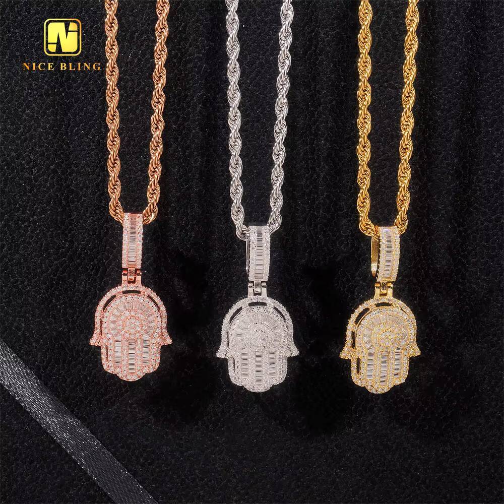 Hip Hop Charm Fashion Jewelry 925 Sterling Silver Egyptian Eye Hamsa Hand baguette Diamond Moissanite Pendant