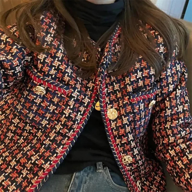 Small Fragrance Woven Tweed Coat For Women AutumnWinter Fashion Loose Everything Matching Plaid Velvet Lady Style Top 250730