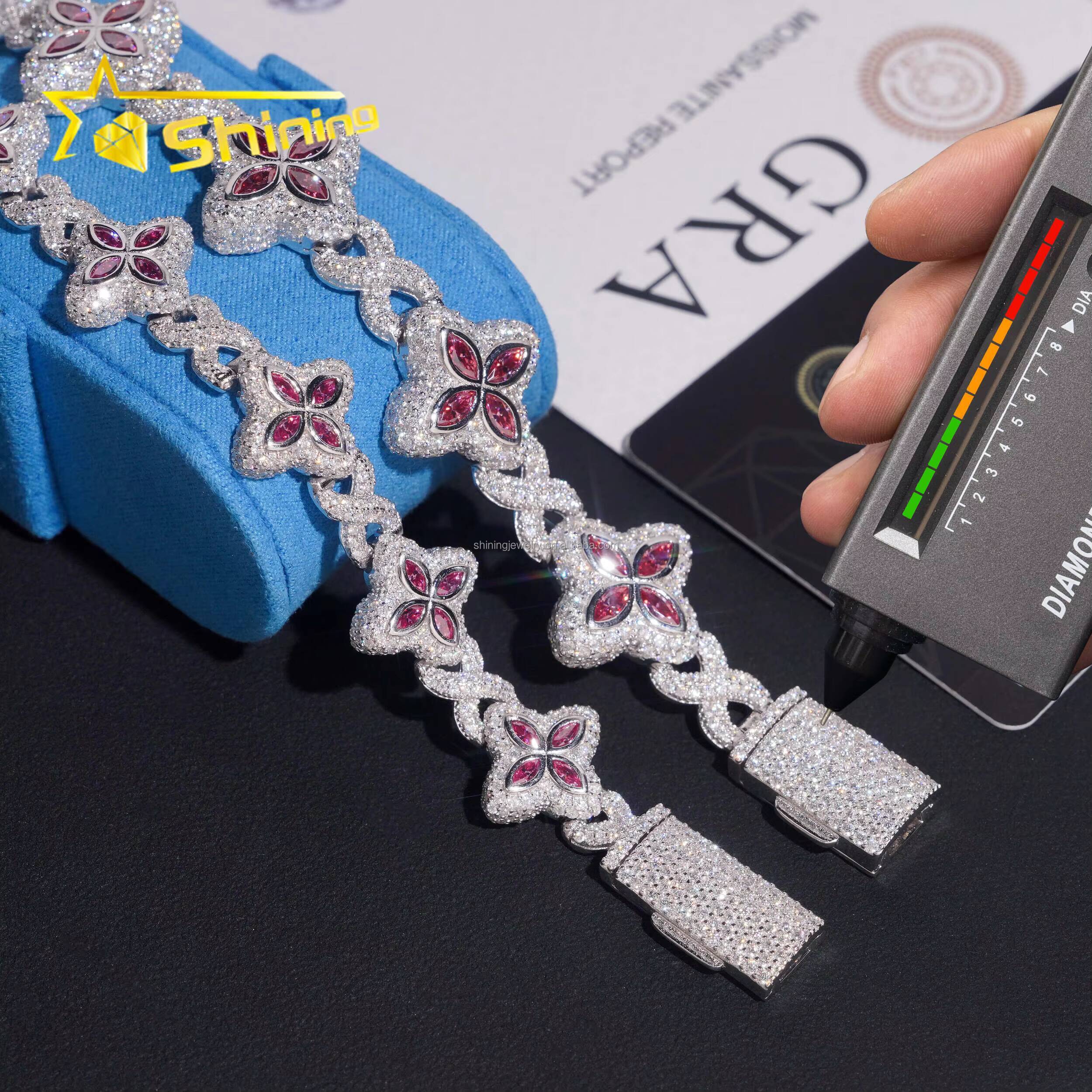 Unique Design Marquise Design Rapper Luxury Jewelry Hip Hop Pink Color Moissanite Iced Out S925 Silver Cuban Clover Bracelet
