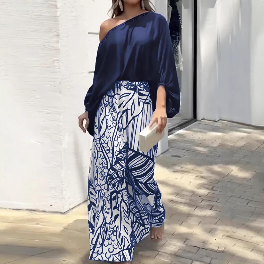 F2162 Womens Spring Summer Solid Color Asymmetrical Neck Top Fashion Printed Wide Leg Pants Casual Two-Piece Set