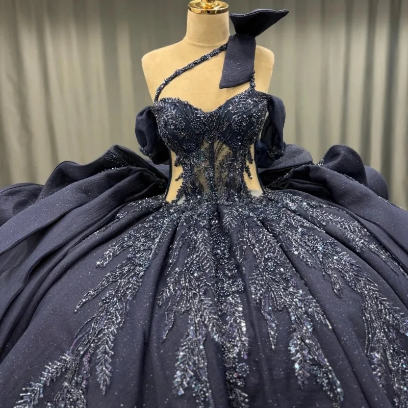 Black Quinceanera Dresses Off The Shoulder Sequin Applique Lace Beading Crystal Bow Tull Ball Gown Vestidos De 15 Anos Sweet 16 Dress