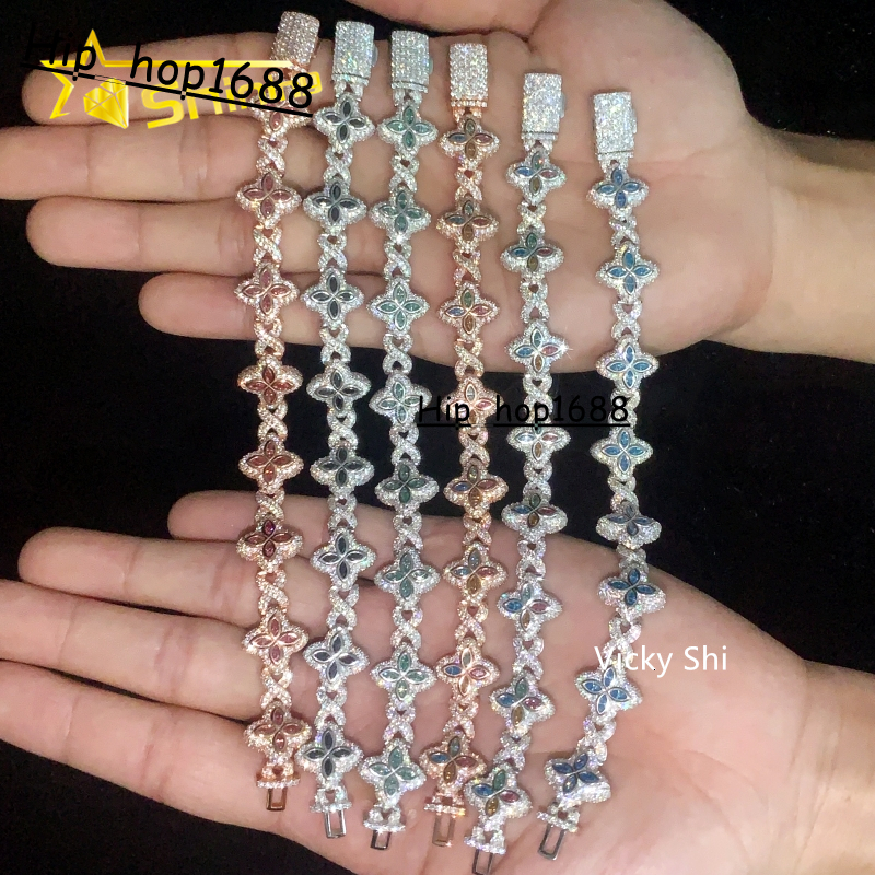 Hot Selling 15MM 925 Sterling Silver Cuban Clover Bracelets Iced Out Hip Hop Infinity Colored Moissanite Cuban Bracelet