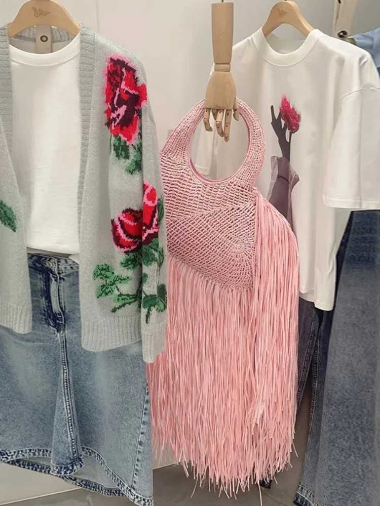 FIRMRANCH Handmade Knitted Long Tassel Handbag For Women With Personality Trend Sweet Love Shape Single Shoulder Armpit Bag Pink Y250729