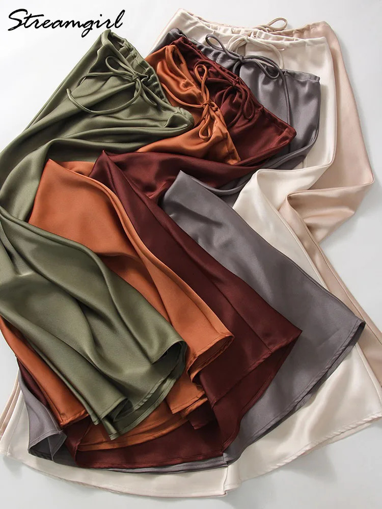 Long Black Satin Skirts Women For Work Summer Autumn Straight Brown Skirt Belt Coffee Formal Silk Maxi Ladies 250730