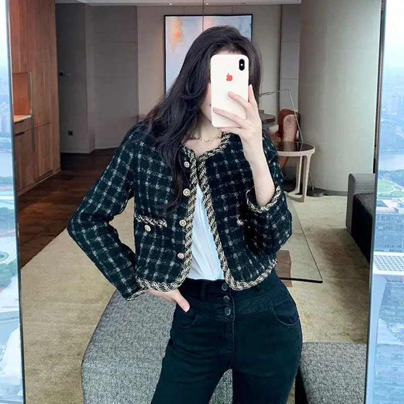 Vintage Cropped Tweed Jacket Women Blazer Korean Chic Singlebreasted Long Sleeve Plaid Coat Spring Autumn Suit Outerwear 250730