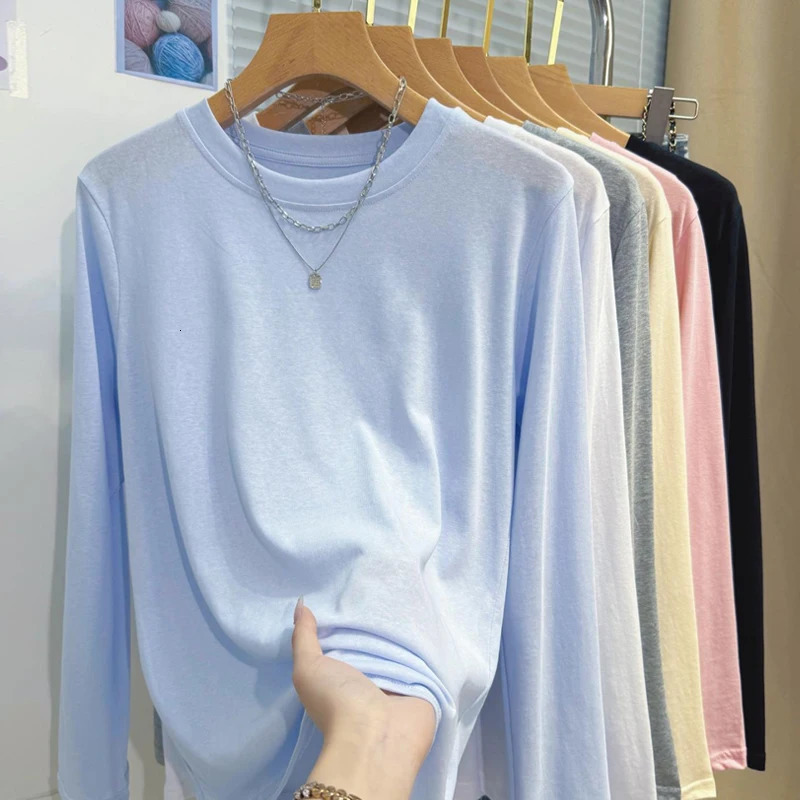 Spring Summer Lightweight Ice Silk Long Sleeve Tshirt Loose Casual Versatile Shirt Solid Color Crew Neck Top 250729