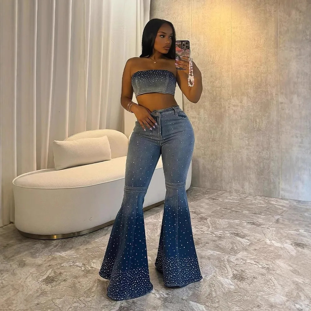 Denim Pant Set Women Two Piece Sets Sexy Matching Sleeveless Short Tops Long Flare Pants High Waist Slim Diamond 250730
