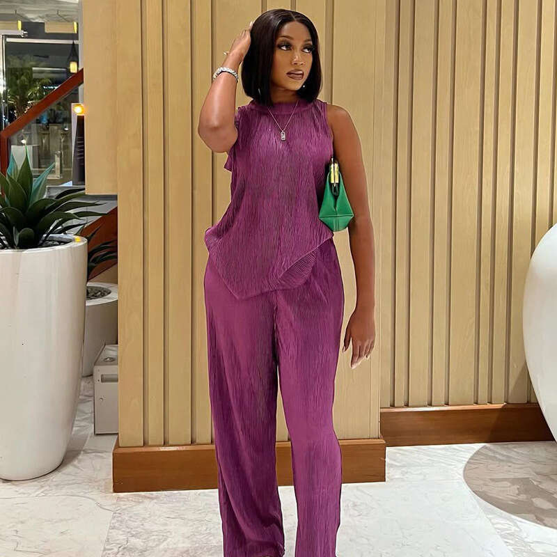 Summer Fashion Sleeveless Top And Wide-Leg Pants Two-Piece Set Women's Outfit B5