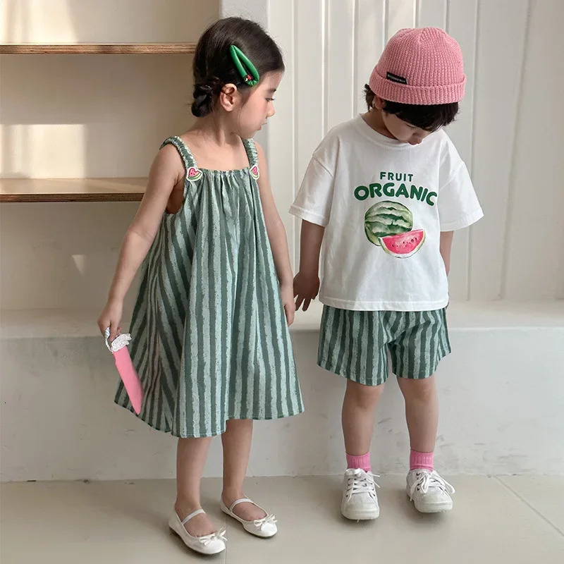 Childrens Summer Clothes Set Boys Pure Cotton Striped Tee and Shorts 2pcs Suit Cute Girls Suspenders Dress Siblings Outfit 250729