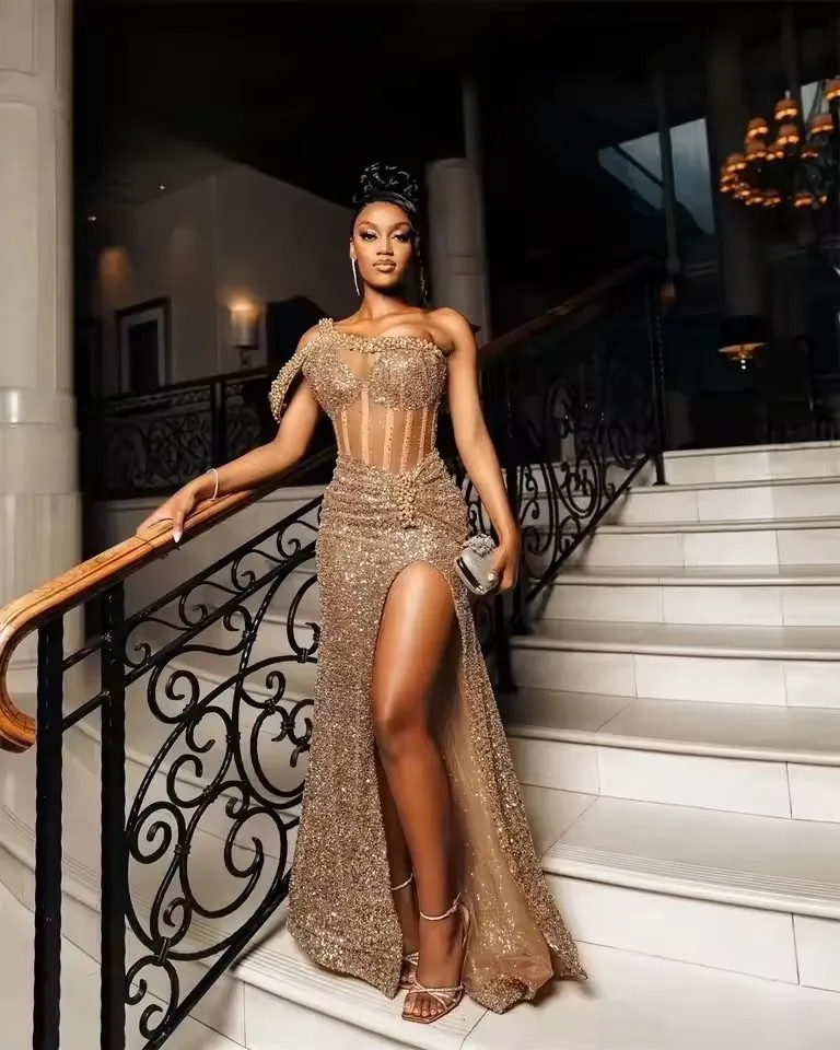 Golden One Shoulder Beaded Aso Ebi Prom Party Dresses High Split Corset Mermaid Party Dress For Women 2025 African Customized