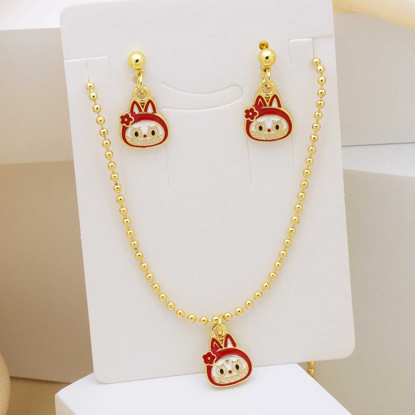 New Trend Cartoon Necklace Earrings Set Round Bead Chain Anime Brass Drip Oil Cute Ear Hanging Earrings Jewelry Set for Women Y250730