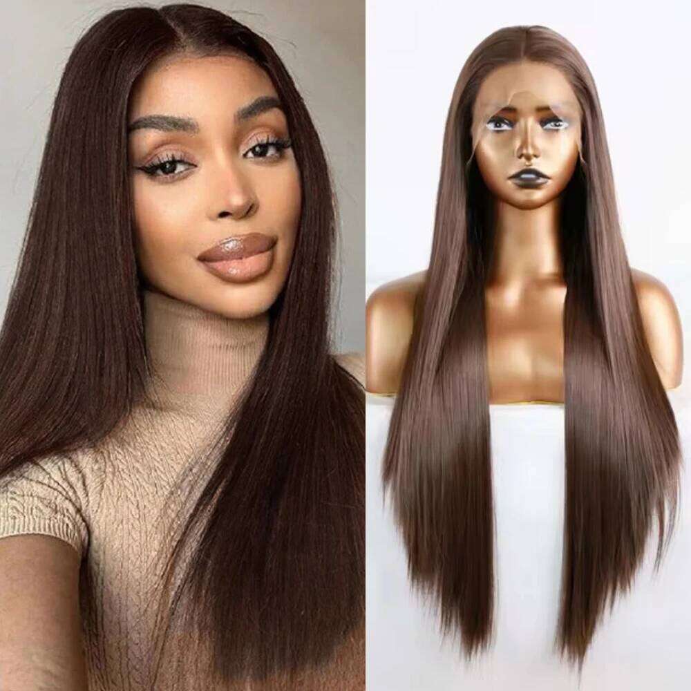 Dark Synthetic Lace Frong Silk Straight Hair Glueless For Women Human Hair Long Women's Wigs Cosplay Chocolate Brown Wig