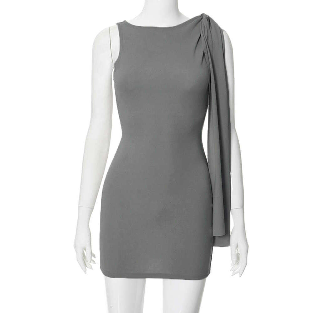 Yds325 Women's Summer New Solid Color Twist Knot Tassel Sleeveless Asymmetric Bodycon Dress B5