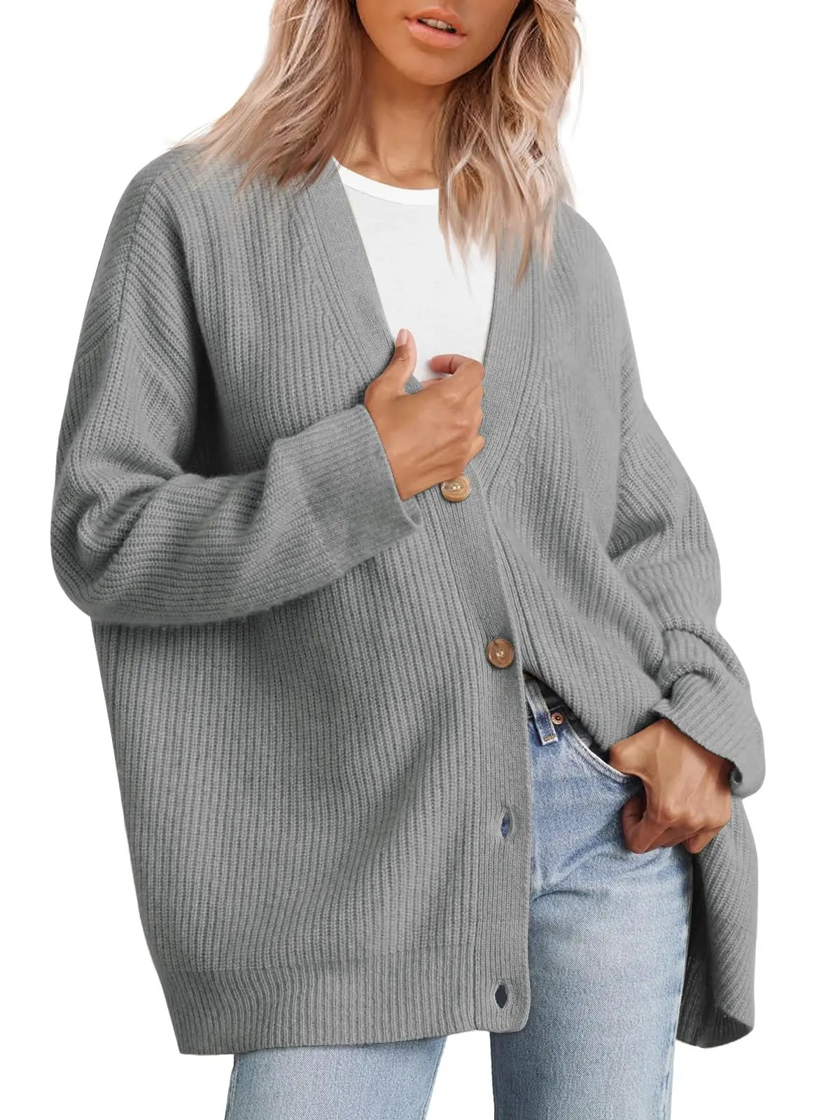 Womens VNeck Knitwear Cardigan Jumper Solid Color Simple Versatile Autumn Winter Style Button Detail Knitted Sweater 250730