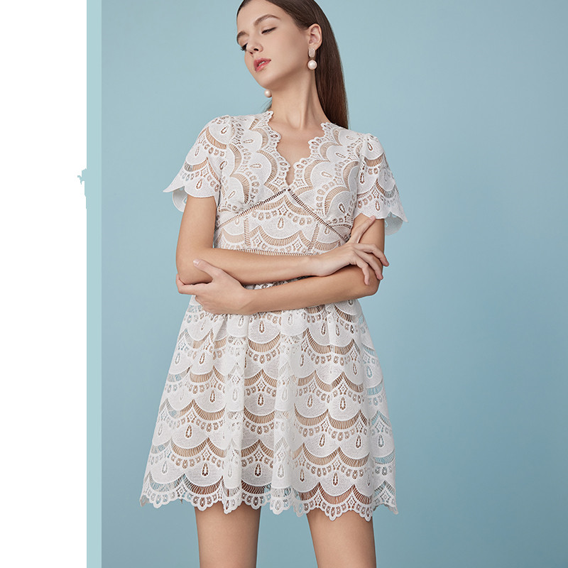Women's Elegant White Lace Mini Skirt High Waist V-neck French Style White Water-soluble Lace Dress 6116451