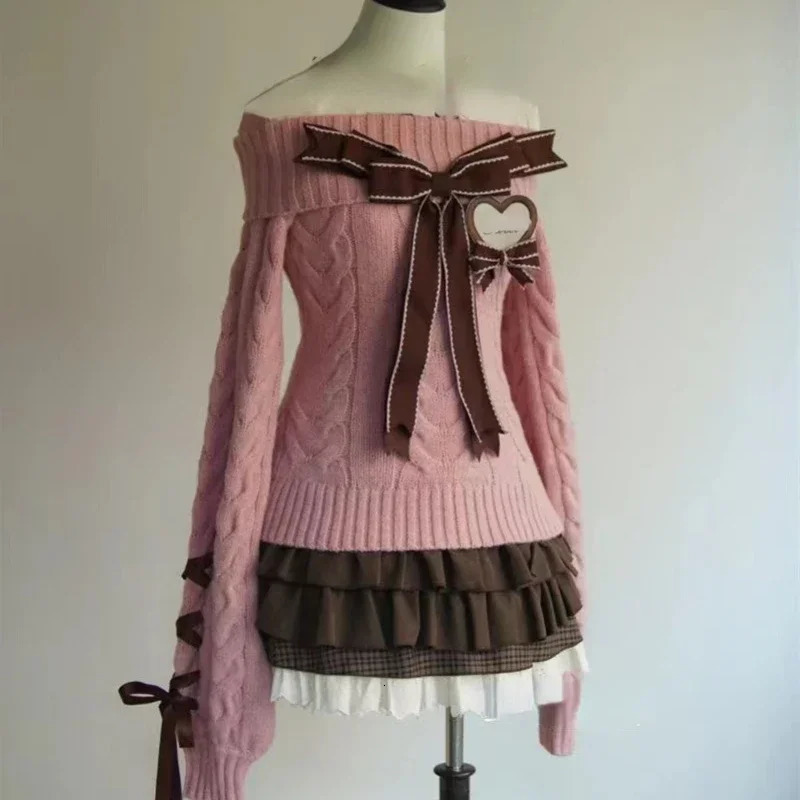 Autumn Winter Sweet Sexy Off Shoulder Knitted Sweater Y2k E-girls Slim Fit Jumpers Casual Long Sleeve Korean Fashion Pullovers 250723