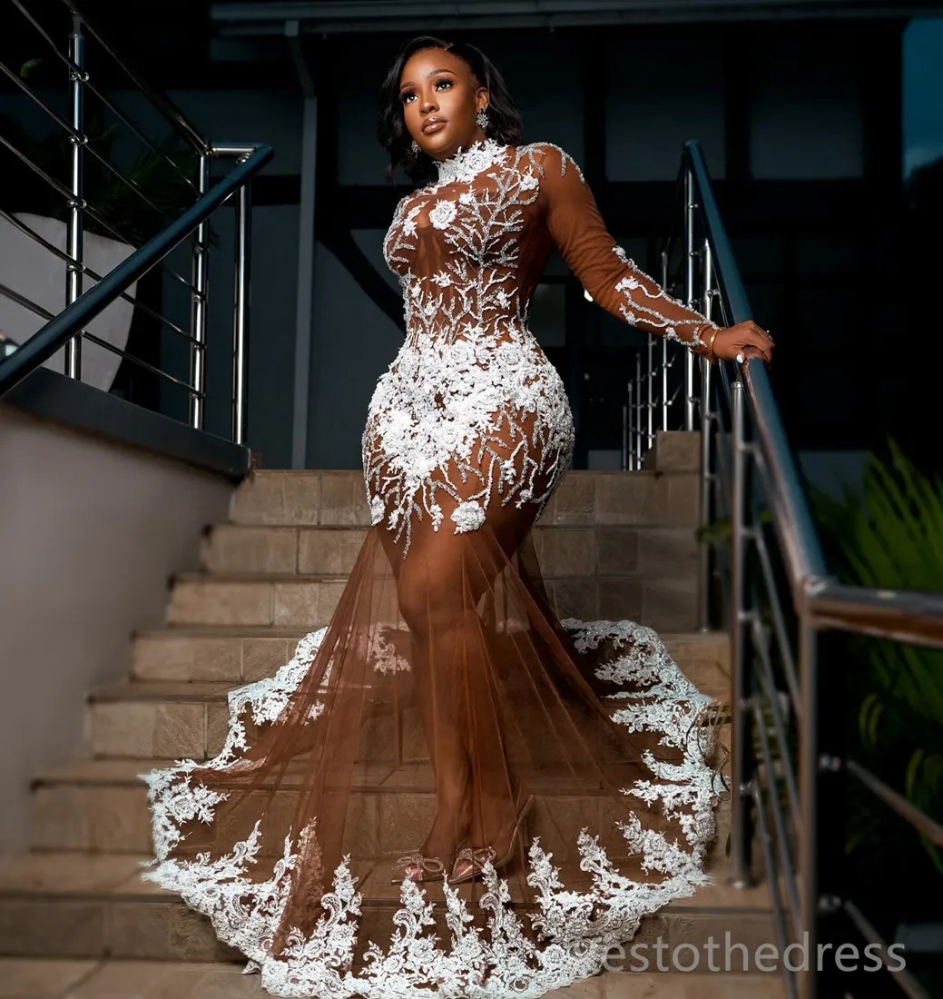 Plus Size Prom Dresses for Black Women Illusion Promdress for Special Occasions High Neck Long Sleeves Appliqued Beads Lace Birthday Dress Reception G