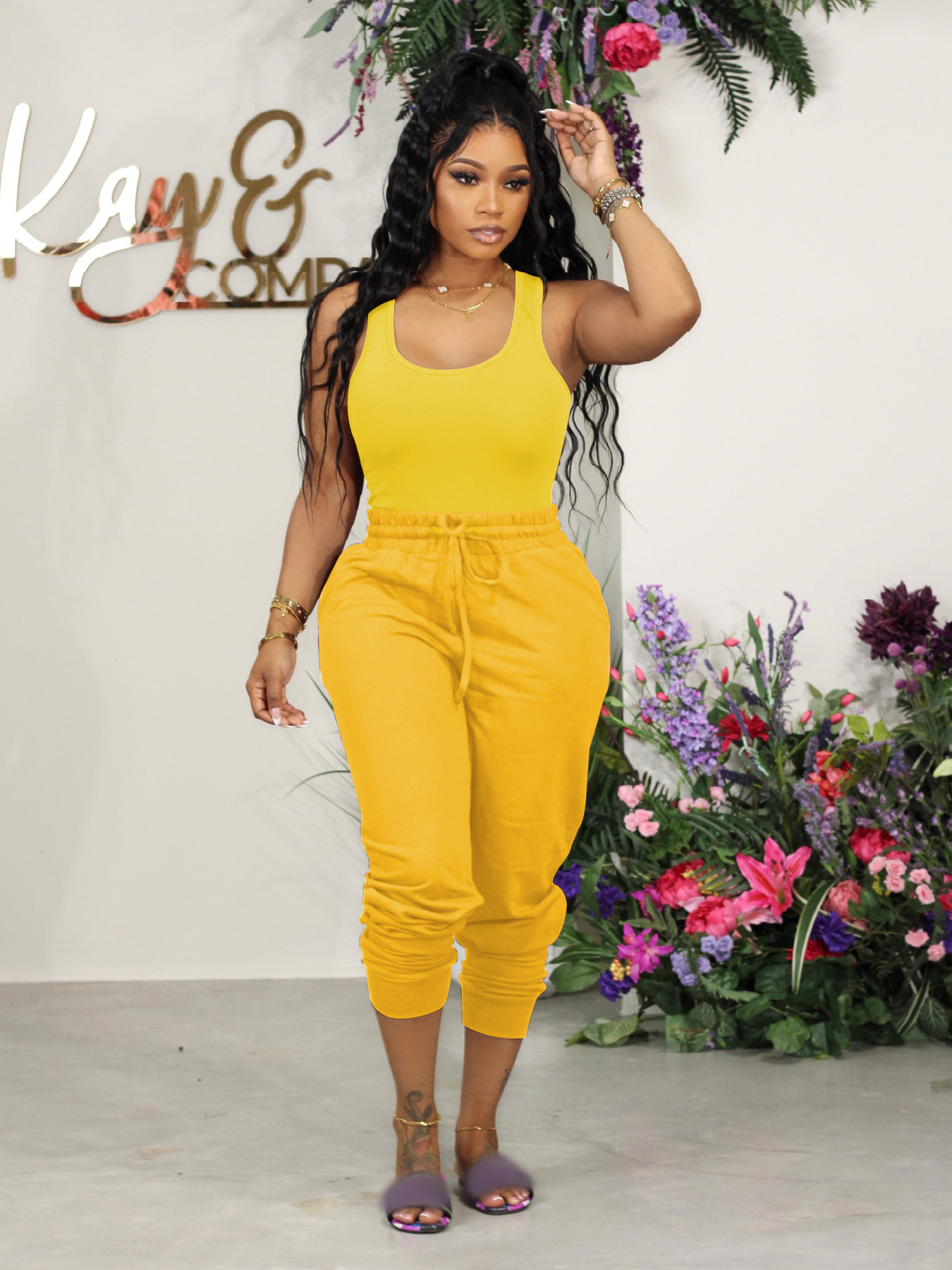 F1357 New Womens Fashion Casual Solid Color Vest and Sweatpants Set