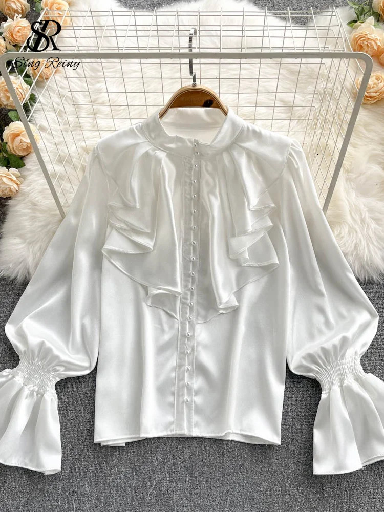 SINGREINY High Quality Satin Loose Shirt Long Flared Sleeves Ruffles O Neck Beading Women Gentle Office Lady Casual Blouse 250724
