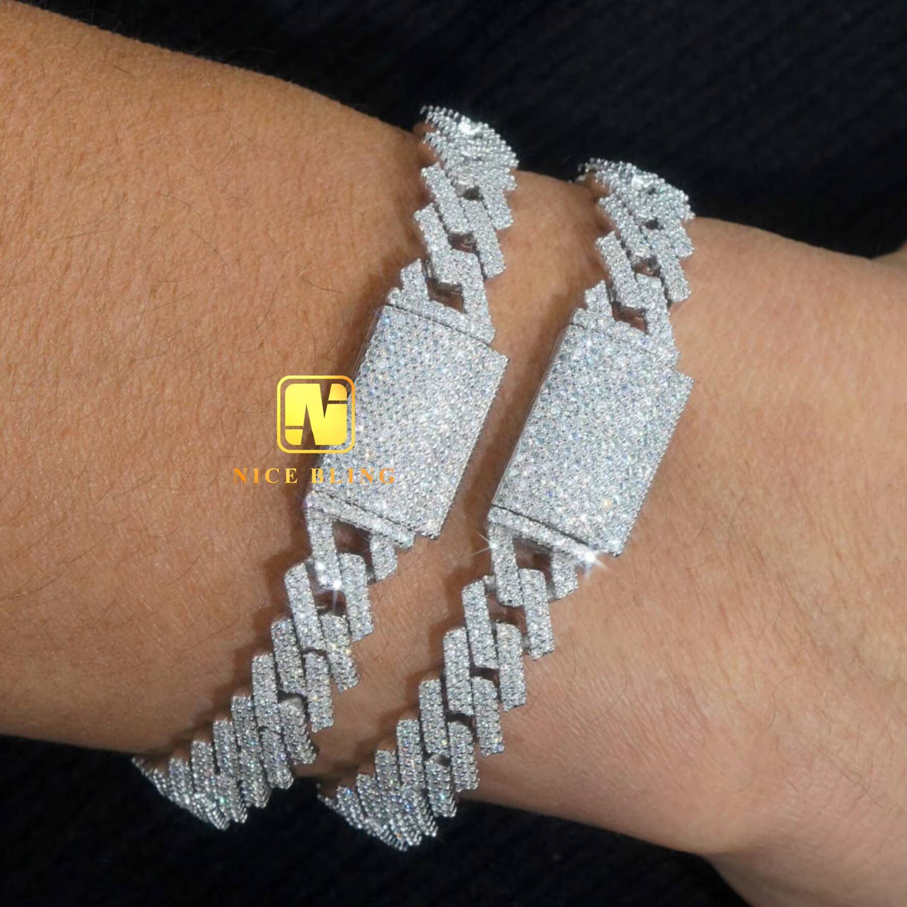 Fashion Men Cuban Link Chains 925 Silver Jewelry Hip Hop Necklace Rhodium Plated 10mm Moissanite Diamond Necklace Bracelet