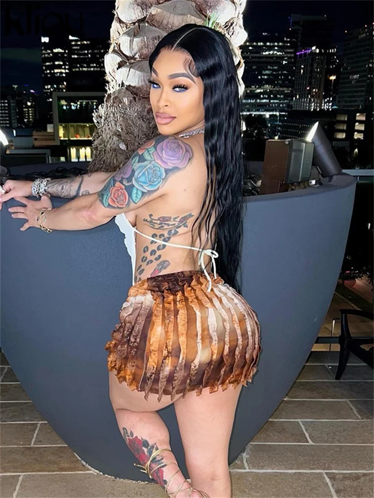 Summer Women Mini Sexy Mesh Two Piece Set K23S37851 Girl Print Ruched Halter CamisoleHip Skirt Outfit Dance Club Attire 250729