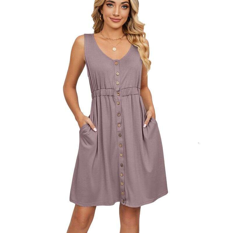 Women's Clothing Casual Solid Sleeveless Button Pocket Round Neck Split Waist Dress