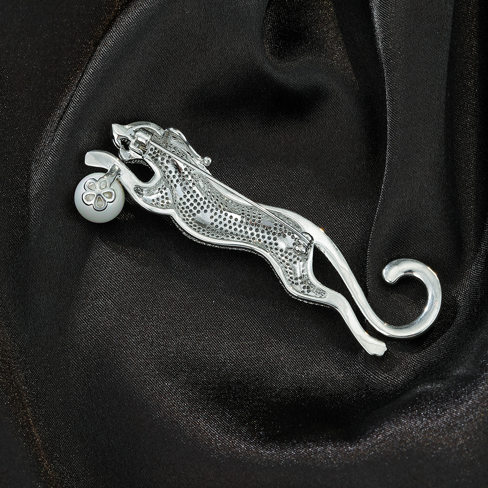 Silver Tone Rhinestone - Encrusted Leopard Brooch With Black Accents, Green Gemstone Eyes And Pearl In Mouth Bold Party Jewelry And Gift For Him/Her H