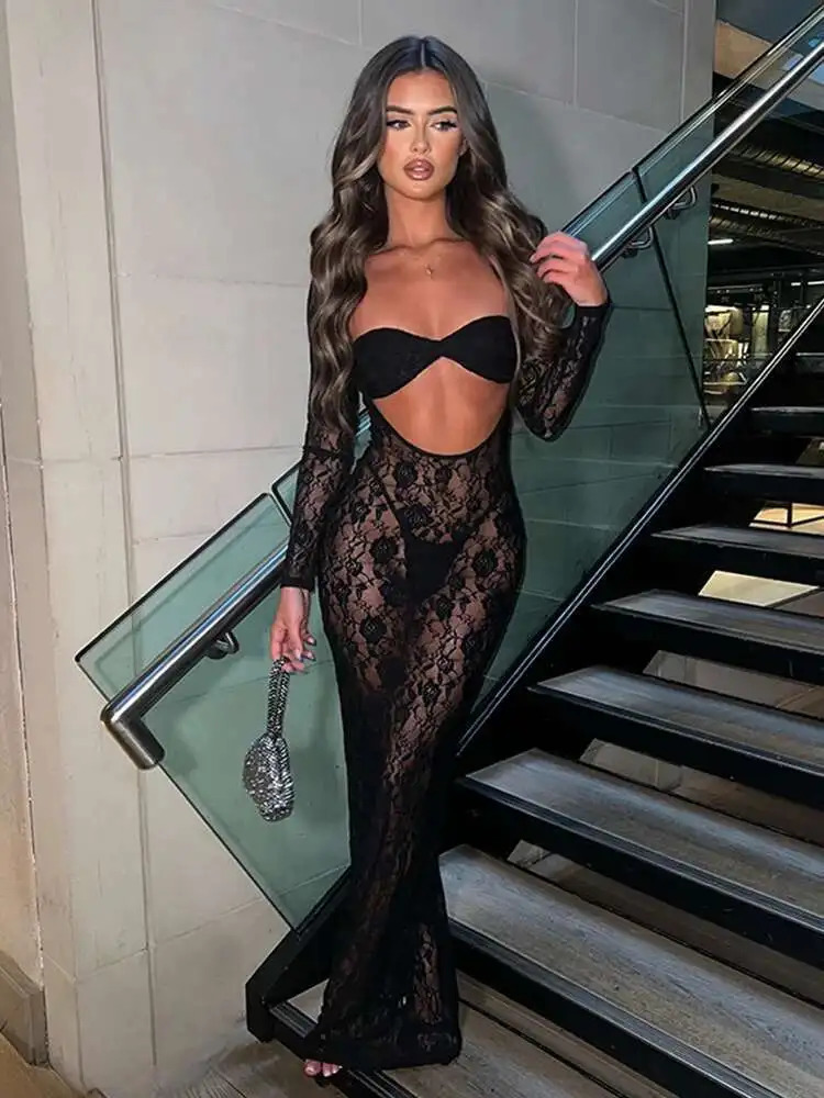 Avrilyaan Lace Perspective Sexy Party Two Piece Set Strapless Crop Top And Midi Skirts 2 Piece Set Women Summer Outfits 250725